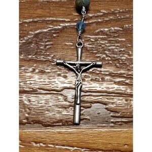 Handmade Blue Stone Christian Rosary with Metal Crucifix and Religious Medallion
